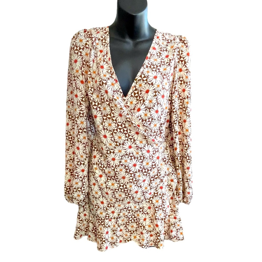 Alter’d State Floral Daisy V-neck Bell Sleeve Zipper Brown/Ivory Dress Sz M